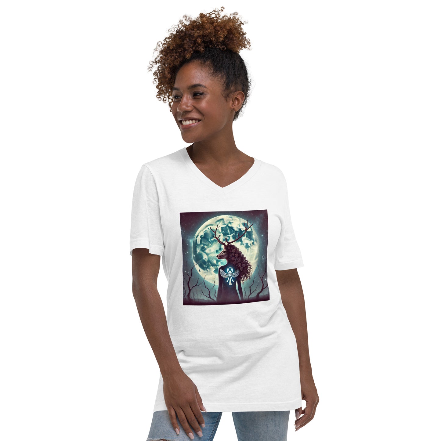 "Deer Woman Buck Full Moon" Unisex Short Sleeve V-Neck T-Shirt