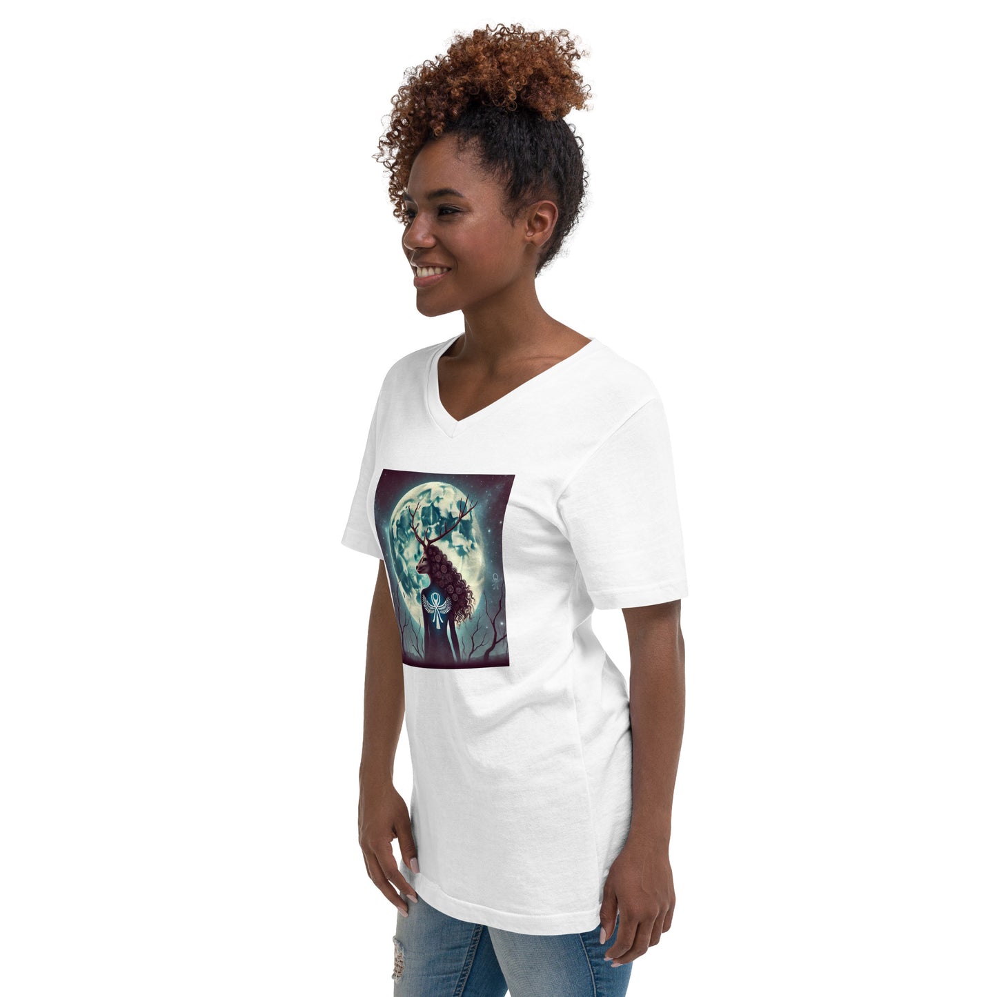 "Deer Woman Buck Full Moon" Unisex Short Sleeve V-Neck T-Shirt