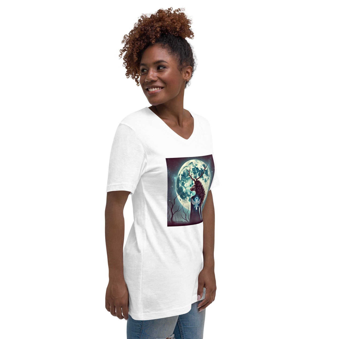"Deer Woman Buck Full Moon" Unisex Short Sleeve V-Neck T-Shirt