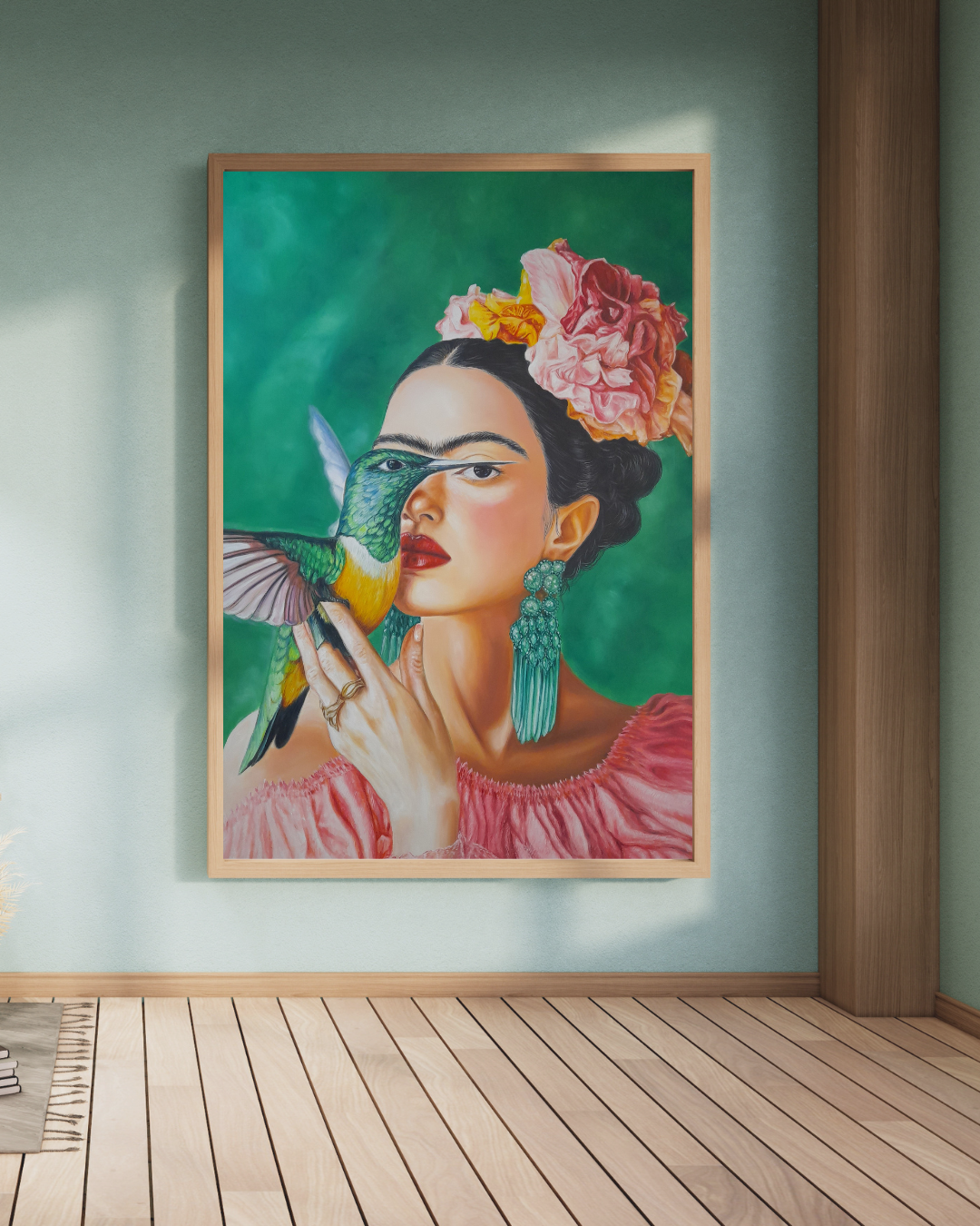 "Frida Kahlo with Hummingbird" Framed canvas