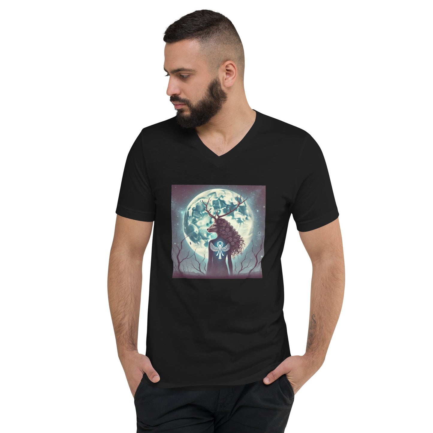 "Deer Woman Buck Full Moon" Unisex Short Sleeve V-Neck T-Shirt