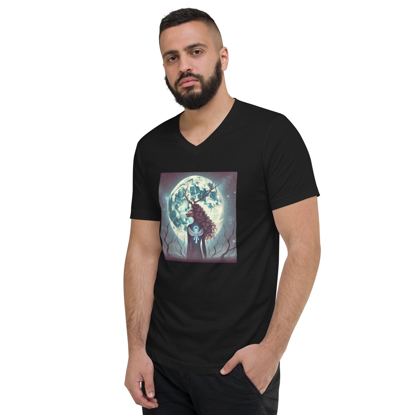 "Deer Woman Buck Full Moon" Unisex Short Sleeve V-Neck T-Shirt